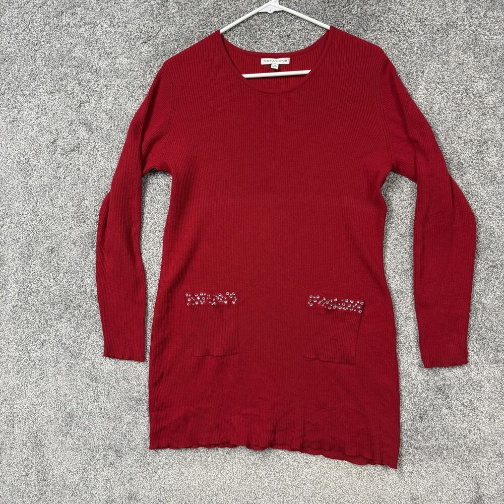 Notations Sweater Womens XL Red Tunic Rhinestone Knit Holiday Normcore Layering